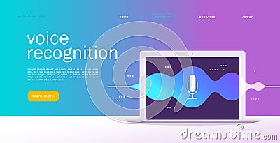 Vector flat voice recognition illustration. Landing page design. Laptop screen with sound waves and microphone dynamic icon. Vector Illustration